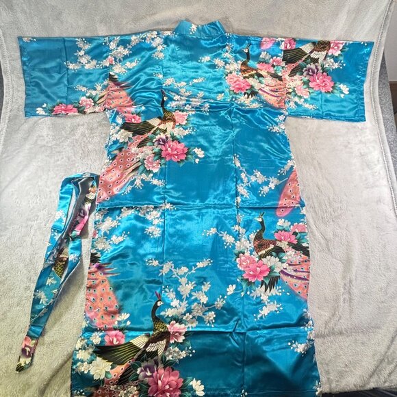 Zhong Sang Kimono Women's Large Long Blue Peacock & Floral Print Twisting Satin - Picture 10 of 11